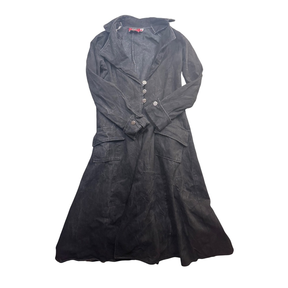 Redballs on Fire Black Denim Trench Coat Duster Gothic Long Jacket Large USA